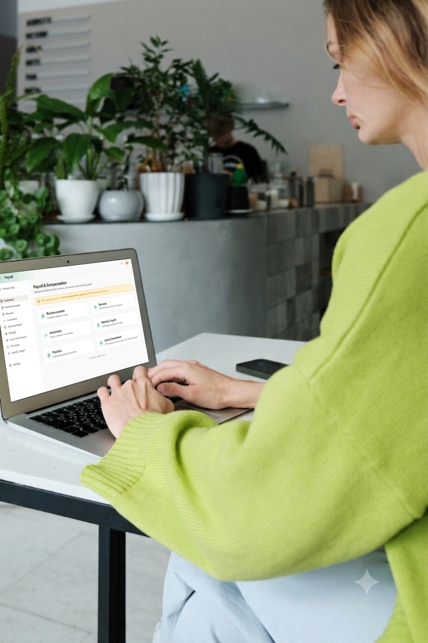 A team member running the Cyphertree Payroll module on her laptop in a bright, plant-filled cafe.